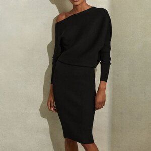 Reiss Off-The-Shoulder Midi Dress - Black Shimmer - Size SM